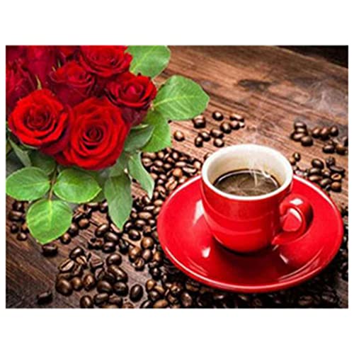 VNLMKS 5D Diamond Painting Erwachsene Kits DIY Diamant Malerei Set Komplette Strassstein Stickerei Crystal Strass Malerei Kaffeetasse mit roten Blumen für Haus, Wand, Eingang Dekorationen 30x30cm von VNLMKS