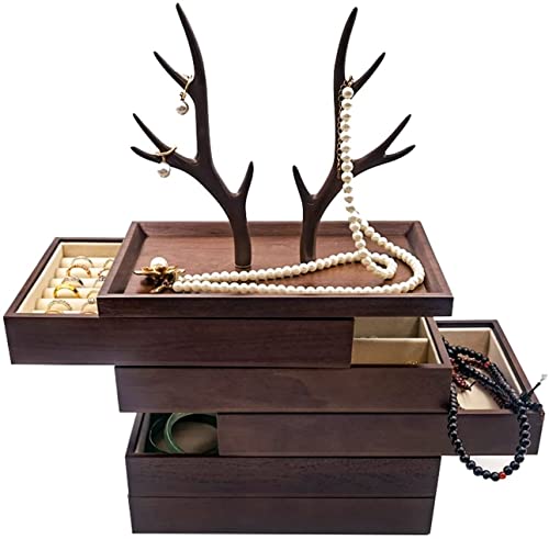VNNHGB Dreischichtige, fünfschichtige, stapelbare Aufbewahrungsbox aus schwarzem Walnussholz für Halsketten und Ohrringe, Schmuckschatulle für Damen (einfarbig, 5 Schichten) (einfarbig, 5 von VNNHGB