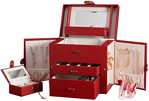 VNNHGB Leder-Schmuckaufbewahrung mit 3 Schichten und Spiegel, tragbare Aufbewahrungsbox für Uhren, Halsketten und Ohrringe, Reise-Schmuckschatulle von VNNHGB