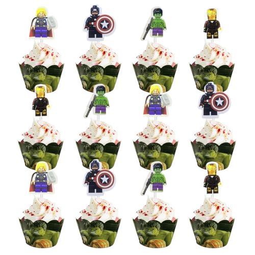 VOCDEMERI 24 Stück Cartoon Cake Topper mit 12 Kuchen Topper und 12 Tortendeko Verpackung Papier Cartoon Kuchen Deko Kindergeburtstag Cake Topper für Happy Birthday Cake Topper Deko von VOCDEMERI