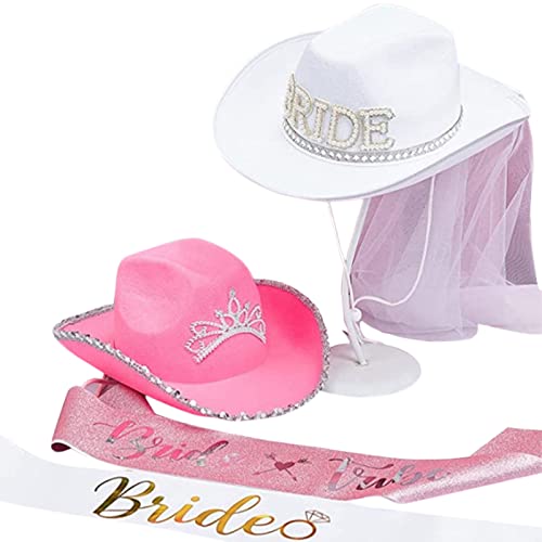 VOCUE Brauthut mit Schleier, Cowgirl-Hut und Schärpe, Set für Hochzeitsfeier, Requisiten, Junggesellinnenabschied, Hüte für Brautparty von VOCUE