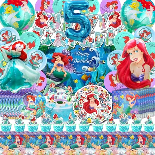 Meerjungfrau Deko Kindergeburtstag, Mermaid Ariel Party Deko 5 Jahre, Meerjungfrau Sticker Aufkleber, Mermaid Deko Kuchen, Meerjungfrau Luftballon Deko 5, Mermaid Hintergrund, Servietten Teller Ariel von VOENCSU