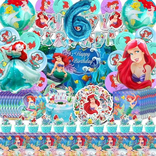 Meerjungfrau Deko Kindergeburtstag, Mermaid Ariel Party Deko 6 Jahre, Meerjungfrau Sticker Aufkleber, Mermaid Deko Kuchen, Meerjungfrau Luftballon Deko 6, Mermaid Hintergrund, Servietten Teller Ariel von VOENCSU