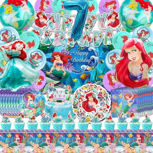 Meerjungfrau Deko Kindergeburtstag, Mermaid Ariel Party Deko 7 Jahre, Meerjungfrau Sticker Aufkleber, Mermaid Deko Kuchen, Meerjungfrau Luftballon Deko 7, Mermaid Hintergrund, Servietten Teller Ariel von VOENCSU