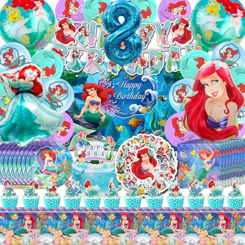 Meerjungfrau Deko Kindergeburtstag, Mermaid Ariel Party Deko 8 Jahre, Meerjungfrau Sticker Aufkleber, Mermaid Deko Kuchen, Meerjungfrau Luftballon Deko 8, Mermaid Hintergrund, Servietten Teller Ariel von VOENCSU