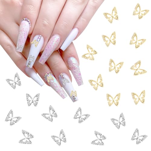 20 Stück Nagelanhänger, Schmetterlings-Nagelsteine, 3D-Nagelsteine für Nagelkunst, Metall-Nagelkunst-Edelsteine für Frauen und Mädchen, Nagelkunst-Dekoration, Bastelschmuck (Silber und Gold) von VOGVOR