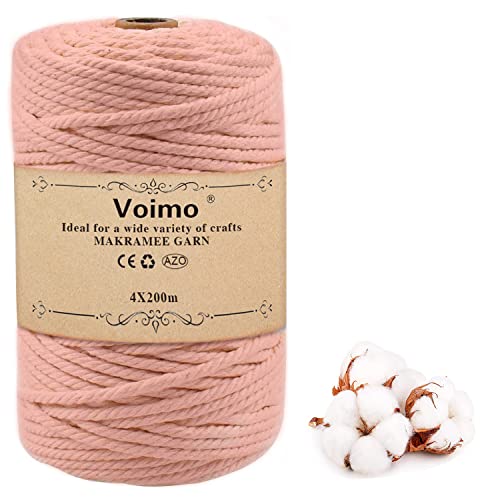 Voimo Baumwollgarn Makramee Garn 4mm x 200m, Reine Baumwolle Macrame Cord Natürliches Baumwollkordel, 4 Fäden Dicke Baumwollseil für DIY Boho Deko, Makramee Wandbehang, Blumenampel, Vorhang (rosa) von VOIMO