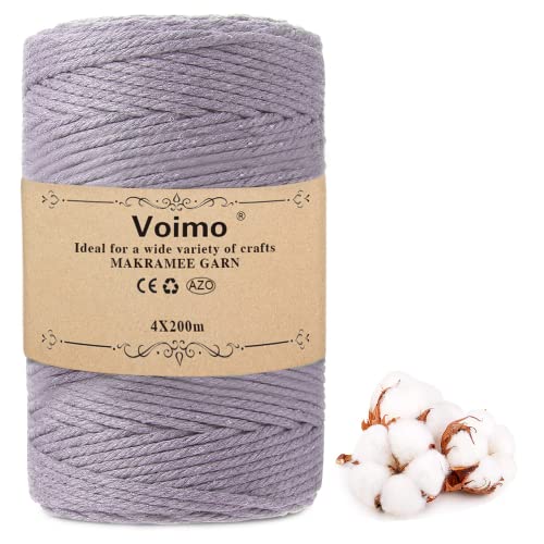 Voimo Baumwollgarn Makramee Garn 4mm x 200m, Reine Baumwolle Macrame Cord Natürliches Baumwollkordel, 4 Fäden Dicke Baumwollseil für DIY Boho Deko, Makramee Wandbehang, Blumenampel, Vorhang (Violett) von VOIMO