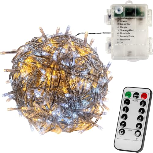 VOLTRONIC LED Lichterkette, IP44, Batteriebetrieben, Modell- und Farbwahl, 100 LEDs, Transparentes Kabel, kaltweiß/warmweiß, Fernbedienung von VOLTRONIC