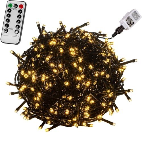 VOLTRONIC LED Lichterkette, IP44, Modell- und Farbwahl, 100 LEDs, Grünes Kabel, warmweiß, Fernbedienung von VOLTRONIC