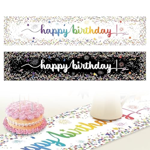 VONJUMA 2 Pcs Tischläufer Geburtstag Bunt Tischläufer Geburtstag Dekoration Gute Zum Geburtstag Tischläufer Tisch Deko Für Kinder Mädchen Jungen Geburtstag Party Dekoration 180 X 35Cm Weiss Schwarz von VONJUMA