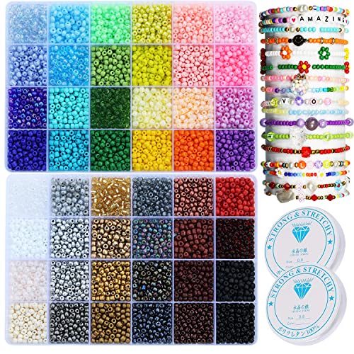 8600 pcs 4mm 6/0 Glas Samenperlen, Schmuck Herstellung Perlen Kit Geschenke Kleine Handwerk Glasperlen mit Perlen Elastische Schnur für Armbänder Ohrringe Halsketten Herstellung(48 Farben) von VOOMOLOVE