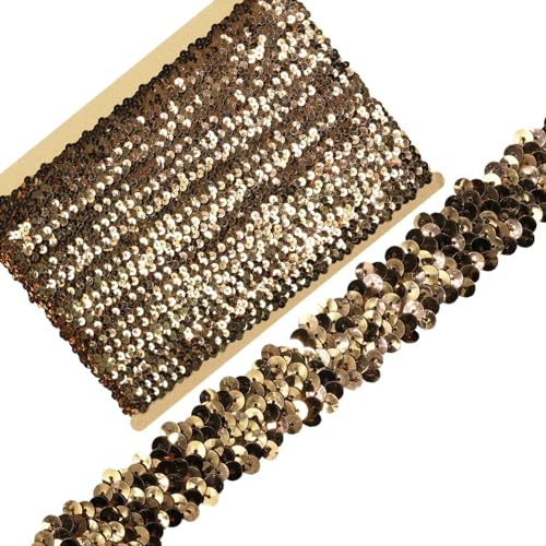 Länge 9,1 m, Breite 2,8 cm, braunes elastisches Paillettenband zum Nähen, Kleid, Tanzkostüme, Stirnband (Braun, 30 mm) von VOOMOLOVE