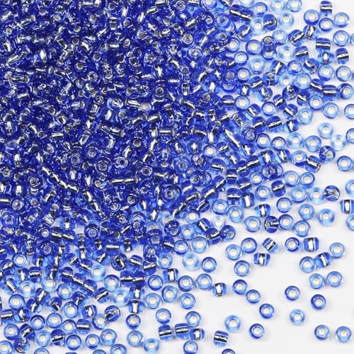 Rocailles-Perlen, 110 g, ca. 3500 Stück, 3 mm, 8/0, blaue Glasperlen für die Herstellung von Ohrringen, Armbändern, Anhängern, Taillenschmuck, selbstgemachten Rocailles-Perlen (blauer, silberner Kern) von VOOMOLOVE