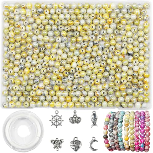 VOOMOLOVE 500 Stück/8 mm, gelbe, wunderschöne farbige Acrylperlen mit Tintenmustern, zur Schmuckherstellung und Armbandherstellung, zusammen mit 6 verschiedenen Accessoires und elastischem Faden von VOOMOLOVE