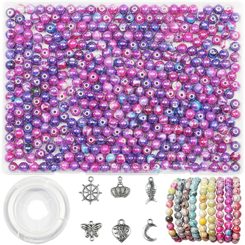 VOOMOLOVE 500 Stück/8 mm, graue, wunderschöne farbige Acrylperlen mit Tintenmustern, zur Schmuckherstellung und Armbandherstellung, zusammen mit 6 verschiedenen Accessoires und elastischem Faden von VOOMOLOVE