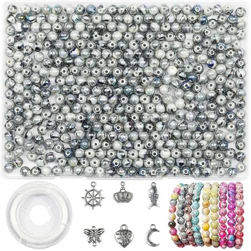 VOOMOLOVE 500 Stück/8 mm, graue, wunderschöne farbige Acrylperlen mit Tintenmustern, zur Schmuckherstellung und Armbandherstellung, zusammen mit 6 verschiedenen Accessoires und elastischem Faden von VOOMOLOVE