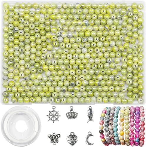 VOOMOLOVE 500 Stück/8 mm, olivfarbene Acrylperlen mit Tintenmustern, zur Schmuckherstellung und Armbandherstellung, zusammen mit 6 verschiedenen Accessoires und elastischem Faden (Olivgrün) von VOOMOLOVE