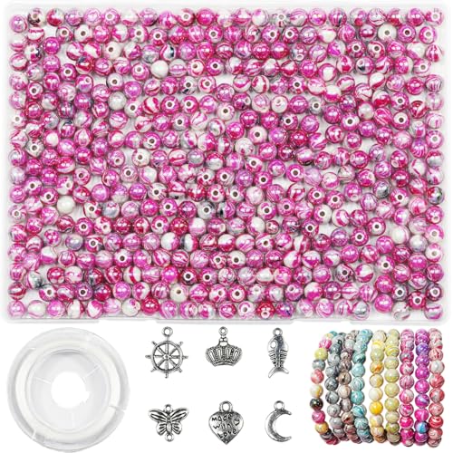 VOOMOLOVE 500 Stück/8 mm, rosarote, wunderschöne farbige Acrylperlen mit Tintenmustern, zur Schmuckherstellung und Armbandherstellung, zusammen mit 6 verschiedenen Accessoires und elastischem Faden von VOOMOLOVE