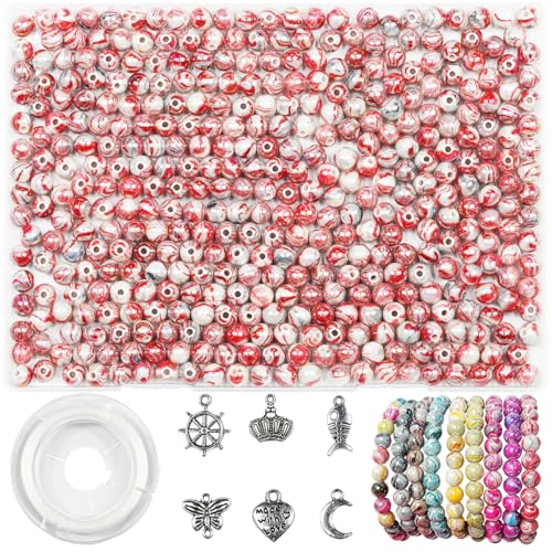 VOOMOLOVE 500 Stück/8 mm, rote, wunderschöne farbige Acrylperlen mit Tintenmustern, zur Schmuckherstellung und Armbandherstellung, zusammen mit 6 verschiedenen Accessoires und elastischem Faden (rot) von VOOMOLOVE