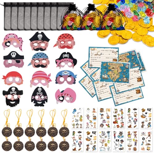 VOPIWOZ 144 Stück Piraten Spielzeug Mitgebsel Kindergeburtstag Piraten Party Accessories Enthält Piraten Einladungskarten Goldmünzen Geschenktüte Edelstein Piraten Sticker Piraten-Tags Piratenmasken von VOPIWOZ