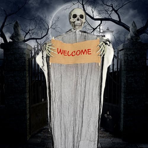 VOPIWOZ 150cm Aufhängbar Halloween Skelett Deko Mit dem Welcome in der Hand Spooky Scary Skeletons Geeignet für Halloween Deko Outdoor Easy to Create a Scary Atmosphere von VOPIWOZ