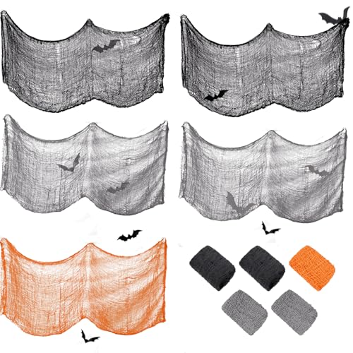 VOPIWOZ 5 Stück 183 x 76 cm Halloween Gaze Stoff Deko gruselig käsetuch passiertuch Cheesecloth mit 12 3D Fledermäuse, Halloween türdeko und Party Decoration Innen Außen(2 Schwarze+2 grau +1orange) von VOPIWOZ