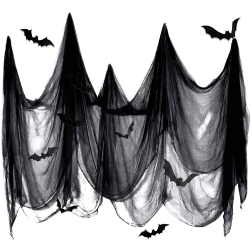 VOPIWOZ 85'' X 197'' Halloween Gruseliges Stoff Horror Gothic Deko Schwarz Halloween Tischdeko Musselin Tuch Für Halloween Party Innen AußEn Gruselhäuser Türen Mit 12 3D Fledermaus Sticker(Schwarze) von VOPIWOZ