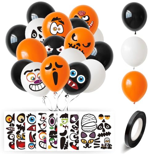 VOPIWOZ Halloween Luftballons Deko Set Enthält 50 Balloons Orange Schwarz Weiß und 8 Aufkleber Eine 10-Meter-Rolle Farbband Halloween Ballons Girlande Perfekt für Halloween Partys Decoration von VOPIWOZ