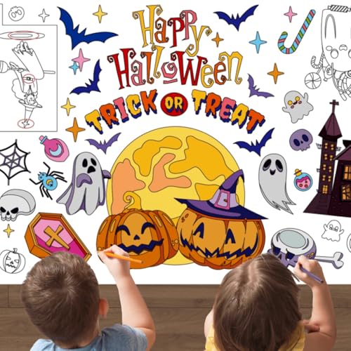 VOPIWOZ Halloween Maltischdecke für Kinder, Halloween Bemalbare Tischdecke Kinder, Enthält Kürbisse, Gespenster, Fledermäuse, Schlösser, Hexen, Papiertischdecke für Halloween Kinder Party Deko von VOPIWOZ