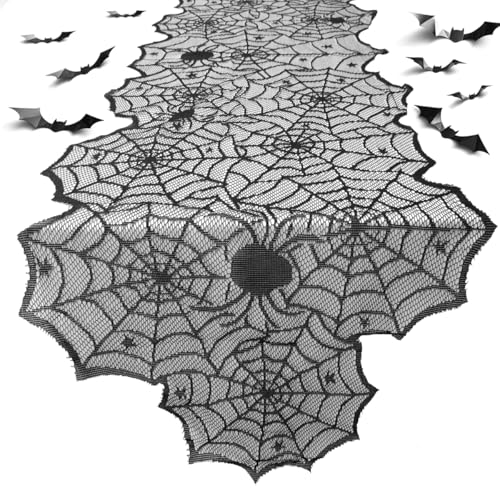 VOPIWOZ Halloween Spinnennetz Lace Tischdecke Schwarz Set Halloween Tischdeko Enthält 1 Stück Halloween Tischläufer 16 Stück und 3D Fledermaus für Halloween Party und Halloween Tischset(182 * 46cm) von VOPIWOZ