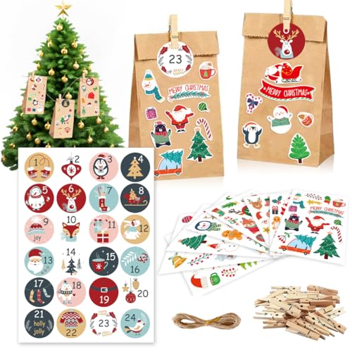 VOPIWOZ Papiertüten Adventskalender Zum Befüllen Gross, 24 Diy Adventskalender Tüten, Adventskalender Zahlen Aufkleber und Holzklammern, Perfekt für weihnachtskalender kinder 2024 von VOPIWOZ