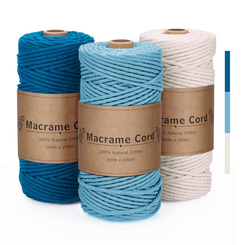 VORHOT Makramee Garn 3mm x100m, Makramee Garn Set Blau, Makramee Baumwollgarn 3mm, Baumwollkordel Natur 3mm, Baumwoll Bastelschnur für Basteln Stricken Boho Deko Wandbehang Dekoration von VORHOT