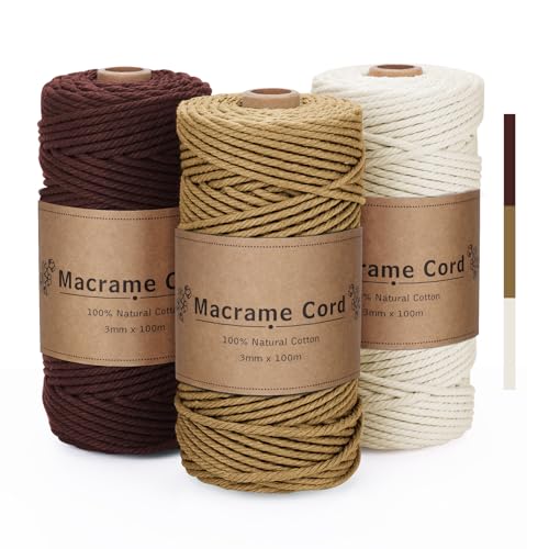 VORHOT Makramee Garn 3mm x100m, Makramee Garn Set Khaki Braun Beige, Makramee Baumwollgarn 3mm, Baumwollkordel Natur 3mm, Baumwoll Bastelschnur für Basteln Stricken Boho Deko Wandbehang Dekoration von VORHOT