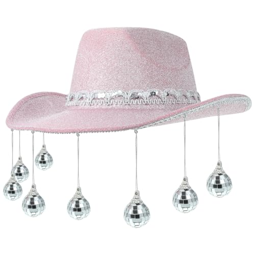 VOSAREA Disco Cowboyhut Rosa Hut Hüte Rosa Kappe Strass Cowboyhut Rosa Cowboyhut Breiter Hut Cosplay Hut Westernhut Disco Kugel Cowgirl Hut Partyhut Damenhut Disco Hut von VOSAREA