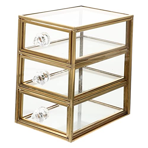 VOSAREA Kasten Schublade Schmuckschatulle Make-up-Aufbewahrungsorganisator 3-stufiger Schmuck klare Schublade Goldrand storage boxes aufbwahrungs-box Kosmetikhalter Tischhalter Glas Golden von VOSAREA