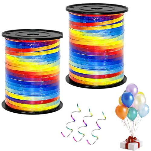 2 Stück 400 Meter Bunt Glitzer Geschenkband, 5 mm Ringelband Ballonband Deko Band Regenbogen Ringelband, Glitzer Ballonband Bunt Ballon-Kräuselbänder für Dekoratio Hochzeitsdeko von VOSSOT