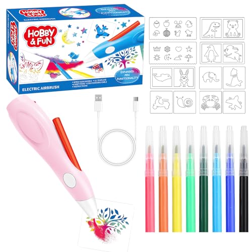 Elektrischer Farbsprühstift, Farben sprühen für Kinder, DIY Malerei Airbrush, Airbrush Fun Farben sprühen für Kinder, Elektrischer Farbsprühstift mit 8 Filzstiften & 14 Schablonen, Airbrush Stifte von VOSSOT