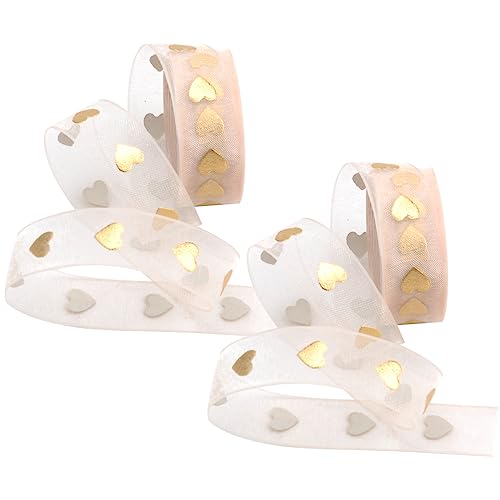 Geschenkband Gold 2 Rollen Herz Bedruckt Gold Geschenkband Satinband Schneegarn Schleifenband Geschenkbänder für Hochzeitsfeier, Brautschmuck, Handwerk, Blumen, Geschenkverpackung(1.5cmx9m) von VOSSOT