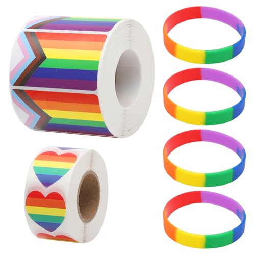 VOSSOT 1000 Stück LGBTQ Regenbogen-Aufkleber, 4 Regenbogen-Armband, Regenbogen Sticker, Pride Sticker, LGBTQ Sticker, Gay Pride AufkleberSelbstklebende Regenbogenflagge Aufkleber, Pride Accessoires von VOSSOT