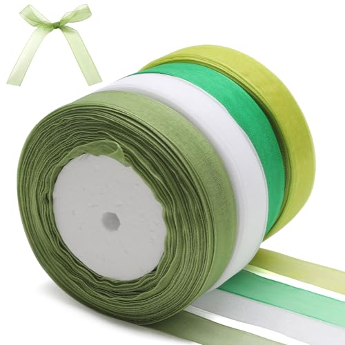 VOSSOT 4 Rollen 45m Organzaband,20mm Geschenkband Hochzeit,Transparentes Organza Bänder,Breit Geschenkband Weiss,Salbei Grün,Aqua Grün,Wald Grün,Organza Schleifenband Dekoband,Chiffo Geschenkband von VOSSOT