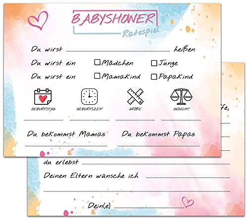 Babyparty Ratespiel und Wünschekarten I 20 Babyshower Karten zum Ausfüllen für Babyparty Mädchen und Jungen I 2in1 Baby Shower Party Spiel und Wünsche für das Baby | Babyparty Erinnerungskarten von VOSVOLO