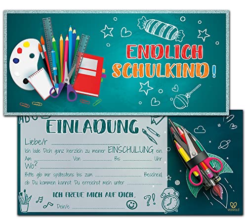 VOSVOLO Einschulung Einladungskarten | 12er Set Einladungen zum Schulanfang | DIN Lang Einladungskarten 1. Schultag für Jungen & Mädchen | 9,8cm x 21cm | Blau Quer von VOSVOLO