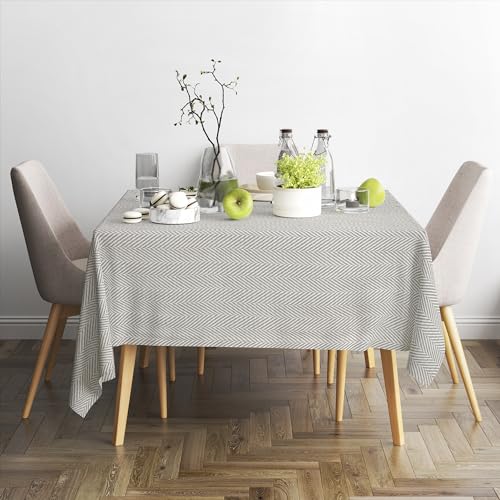 VOVEN Glamour Dekorative Baumwoll-Tischdecke mit Fischgrätenmuster, Bauernhaus-Retro-Tischdekoration für Küche, Esstisch, waschbar, rechteckig, 152,4 x 274,3 cm, Grau von VOVEN Glamour