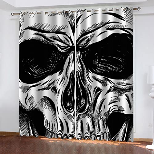 VOYADE 2 Stücke Blickdicht Vorhang Mit Ösen, 3D Schwarz-Weißer Totenkopf Verdunkelungsvorhang Polyester Verdunkelung Vorhänge Gardinen - Für Wohnzimmer/Schlafzimmer/Kinderzimmer 214X200cm(HXB) von VOYADE