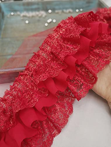 1 Meter 3 Schichten Rüschen Spitzenband Kunsthandwerk bestickter Chiffon Spitzenbesatz Kleidung Dekorationen DIY Nähen Stoff-Rot 13cm von VOZAR