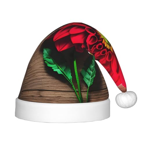 VPPUR Holzbrett, Retro-Blume, roter Dahlien-Druck, Weihnachtsmann-Kopfbedeckung für Unisex, Weihnachtszubehör, Geschenke und Weihnachtsmütze, Outdoor-Party von VPPUR