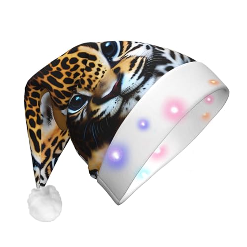 VPPUR Niedliche Weihnachtsmütze mit Jaguar-Aufdruck für Erwachsene, Weihnachtsmannmütze, LED-Lichter, Feiertage, Partys, Weihnachtsbaummütze von VPPUR