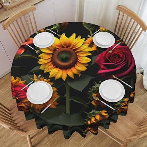 VPPUR Runde Tischdecke mit Sonnenblumen-Rosen-Druck, Dekoration, Tischdecke, Frühling/Sommer, Hochzeiten, Picknicks, Dinnerpartys von VPPUR