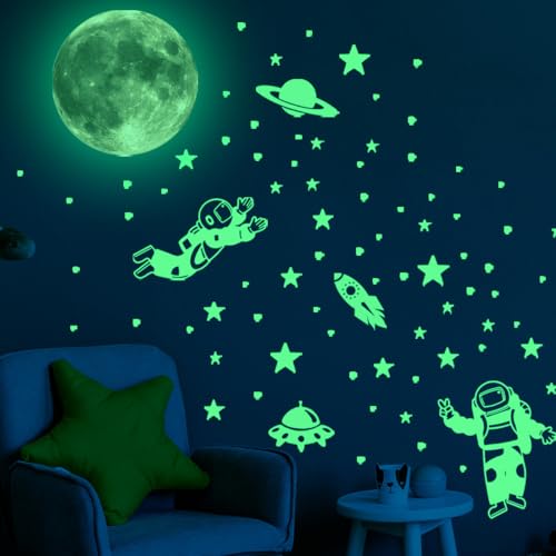 Leuchtende Sterne Wandsticker im Dunkelen, 1 set Junge Mädchen Kinder Mond Astronaut Leucht Aufkleber Schlafzimmer Wohnzimmer Wandtattoo, Leuchtsterne Fluoreszierend Wandaufkleber von VQEOEOT